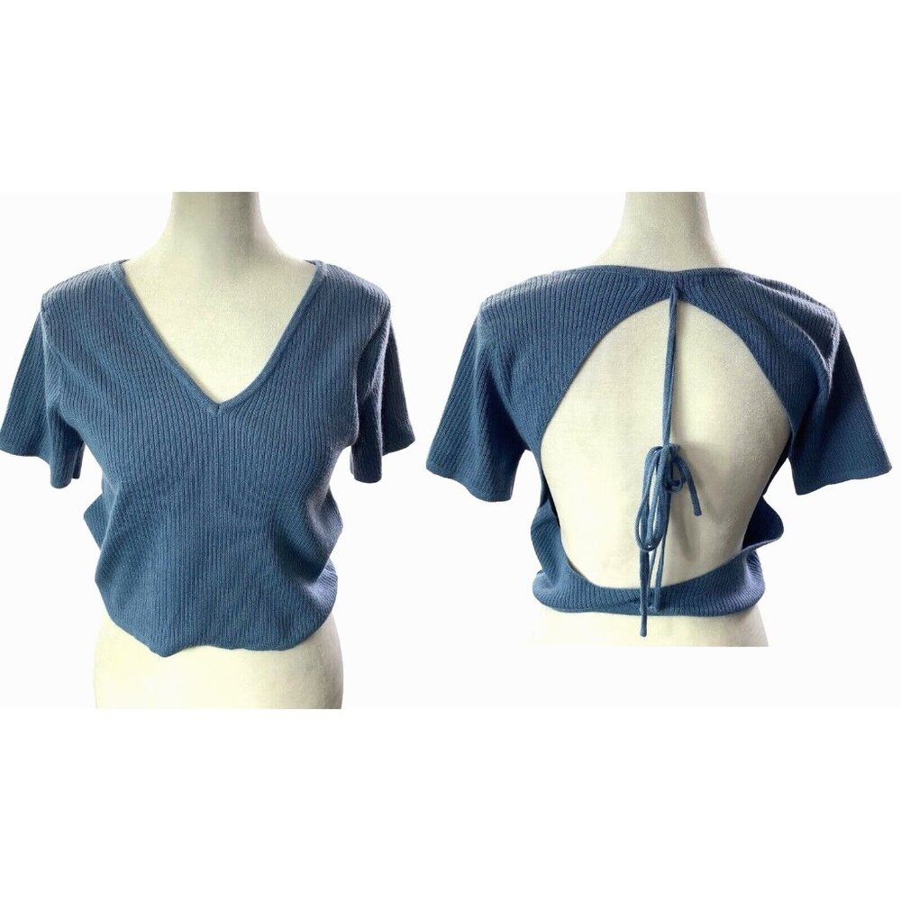 ASTER Women Open‎ Back Crop Short Sleeve Ribbed V Neck Top Sz L Blue Beach 1-15